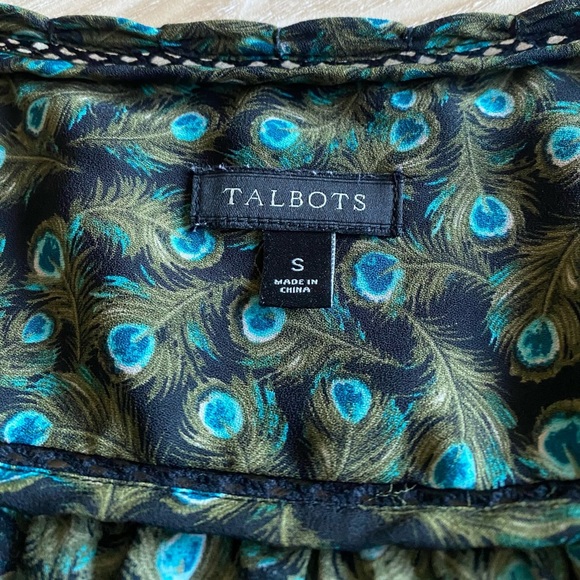 Talbots Peacock Feather Printed Scalloped Neckline Blouse - Picture 4 of 8